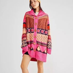 Free People Argyle Smile‎ Cardigan Oversized Long Knit Pink Boho Western Aztec